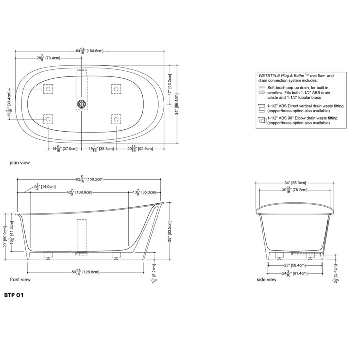 Wetstyle Tulip 64.81" x 34" x 25" Freestanding Solid Surface Soaker Tub